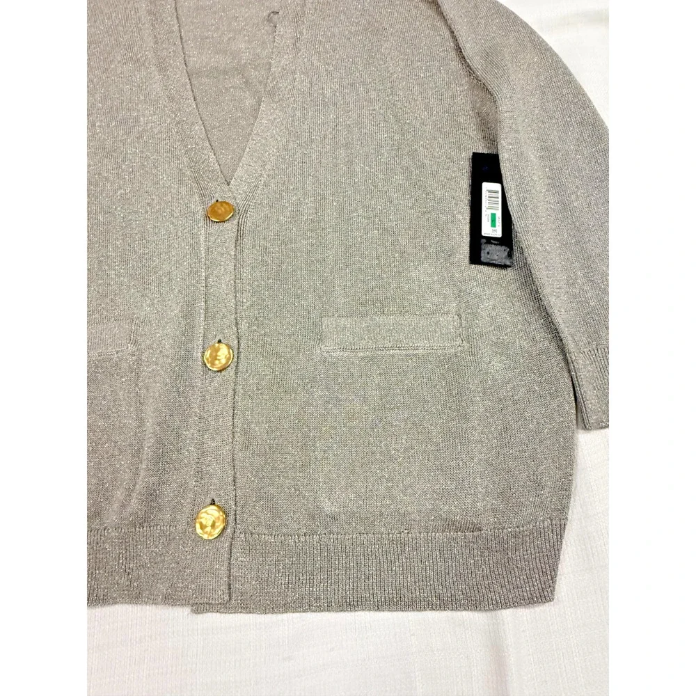 Donna Karan New York Cardigan Sweater Large Metallic Knit Gold Button NWT